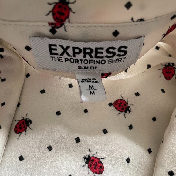 Express The Portofino Shirt Slim Fit Long Sleeves Ladybug Print Cream Womens M - Picture 3 of 7